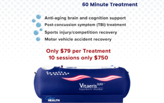 $79 for 60 min HBOT session in our Vitaeris 320 chamber. $750 for a package of initial (10) hour long treatment sessions Limited time only. Sign up for a FREE 15 min initial phone consult with Dr Phillips to determine if this therapy is right for you,