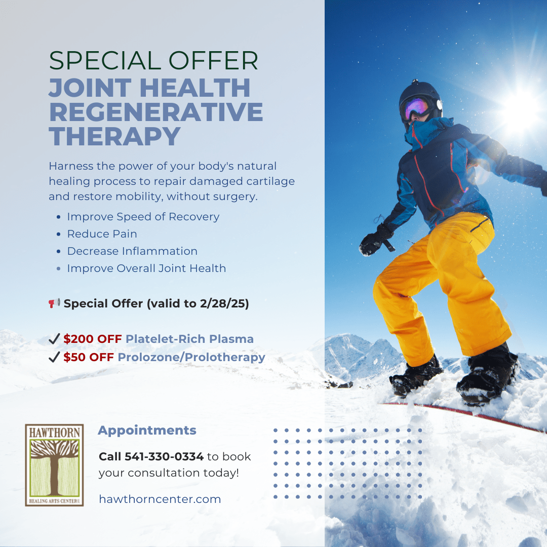 Dr. Halsey is offering discounts on select regenerative joint therapies through 2/28/25. These innovative treatments promote the body’s natural healing processes, offering relief and recovery for conditions like ligament and tendon injuries, joint pain, osteoarthritis, and inflammation. Whether you’re an athlete recovering from an injury or someone seeking to move with less pain, Dr. Halsey’s treatments provide effective, minimally invasive solutions to restore mobility and vitality. Call now to schedule your consultation 541-330-0334!