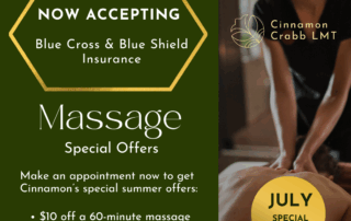 BIG NEWS! Cinnamon Crabb LMT is now accepting Blue Cross & Blue Shield Insurance! Call 541-330-0334 to schedule your appointment and to take advantage of Cinnamon's July Specials!