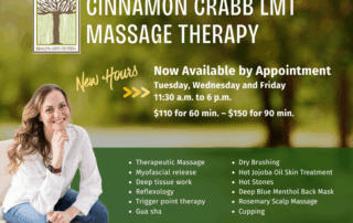 Cinnamon Crabb LMT has new hours and a New Client Special -- $90 for 60 min $130 for 90 min. She is a licensed massage therapist offering customized massage to meet individual needs. Now available for appointments at Hawthorn Healing Arts from 11:30 a.m. to 6 p.m. Tues., Wed., Fri. Call 541-330-0334 to schedule your next massage or feel free to use our online appointment form