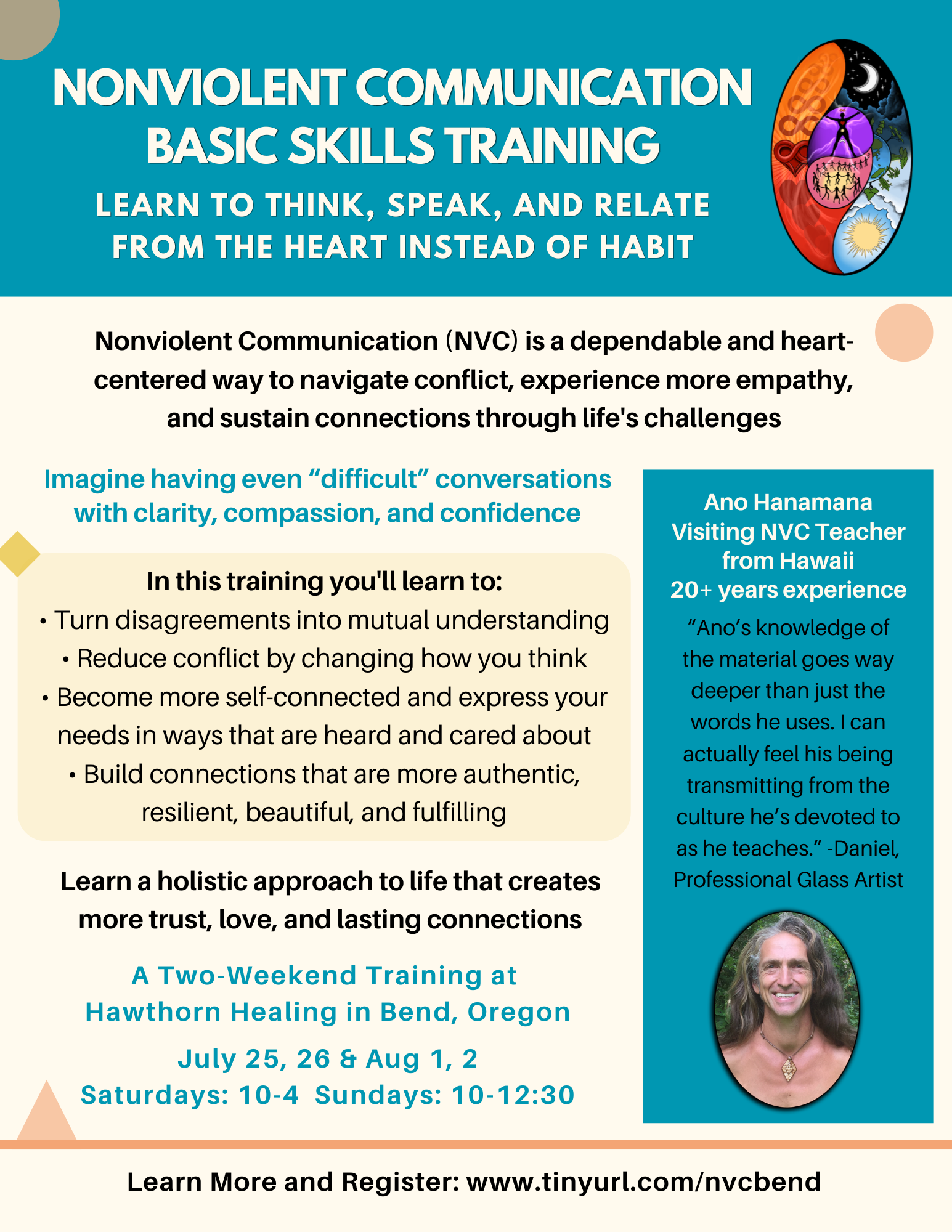 Learn to think, speak, and relate from the Heart instead of habit with Nonviolent Communication (NVC) at this four day training in Bend, Oregon.